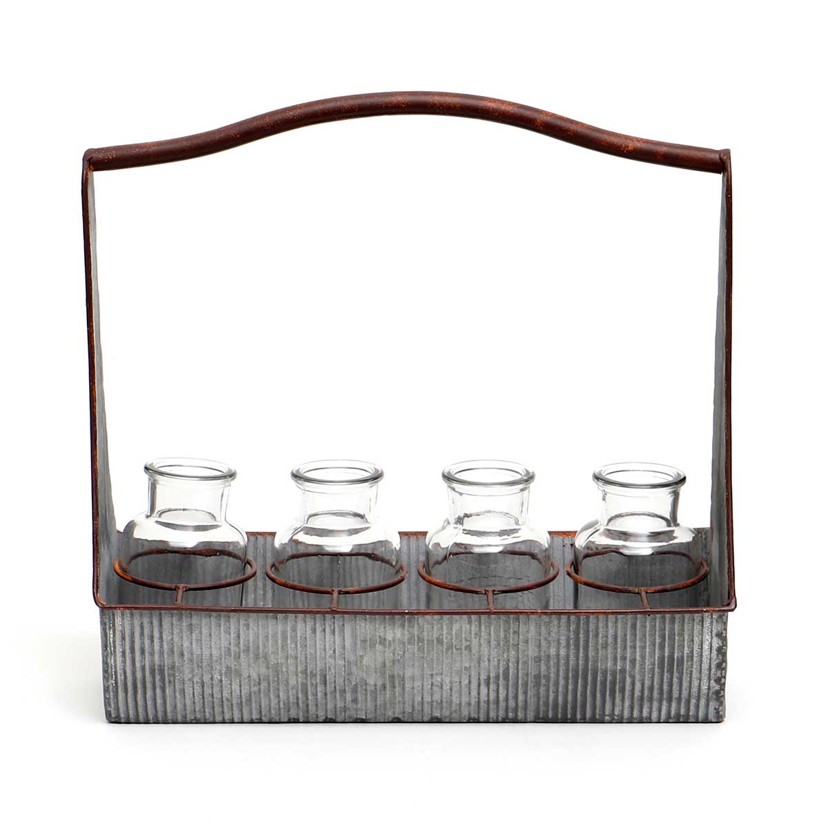 IN BLOOM METAL CARPENTER TRAY WITH 4 GLASS BOTTLES