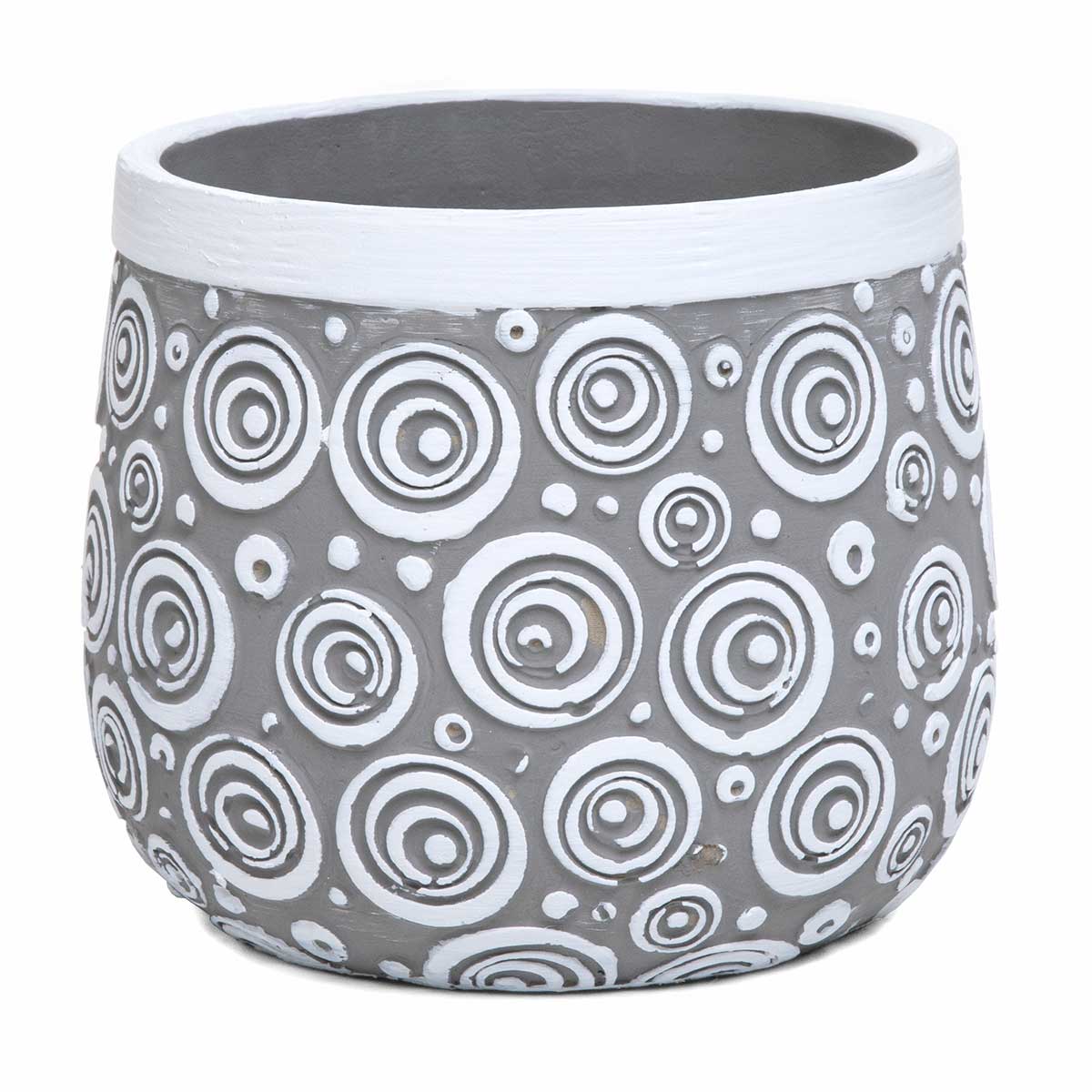 POT SWIRL ROUND GREY LARGE 7IN X 6IN WHITE CONCRETE - Click Image to Close