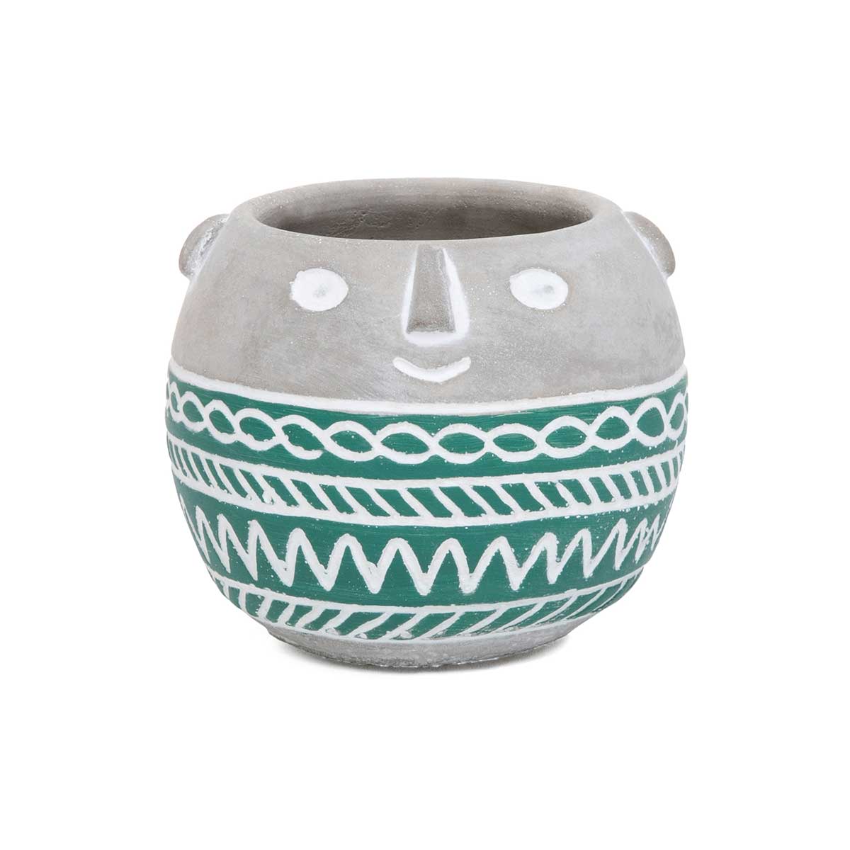 PERUVIAN FACE CONCRETE POT GREEN WITH LINES 4.5"X3.75"