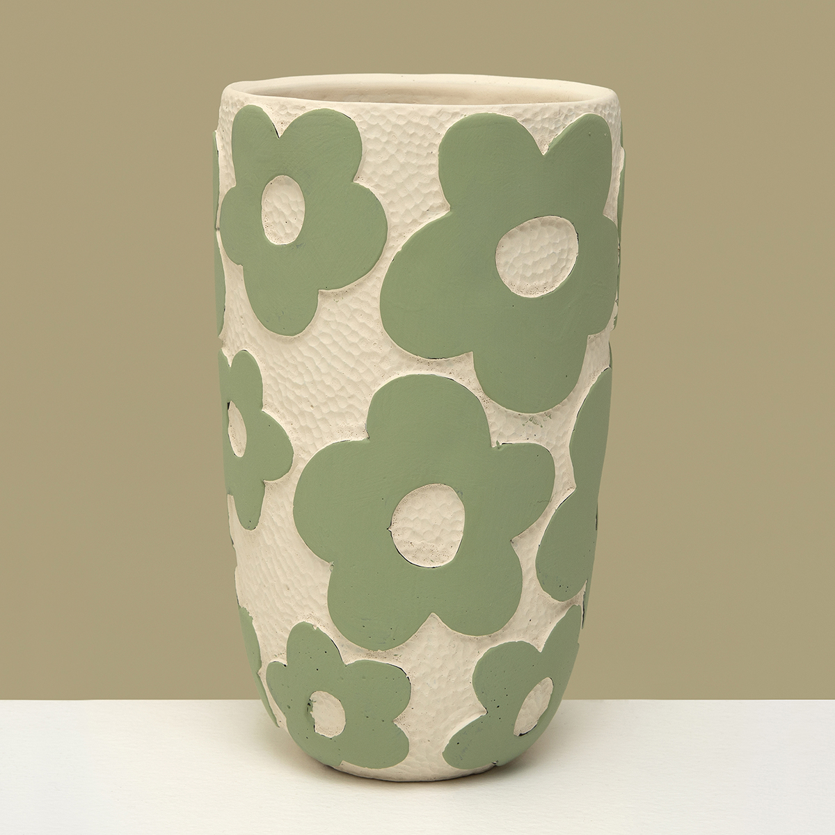 POT FLOWER TALL 5IN X 8IN WHITE/GREEN CONCRETE - Click Image to Close