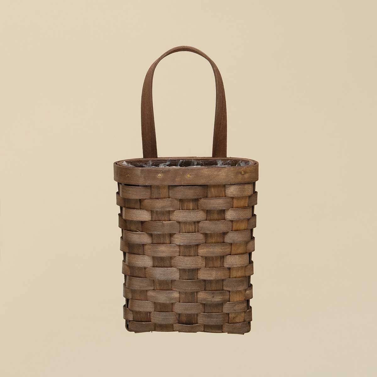 RATTAN WALL POCKET BROWN WITH HANDLE AND PLASTIC LINER - Click Image to Close