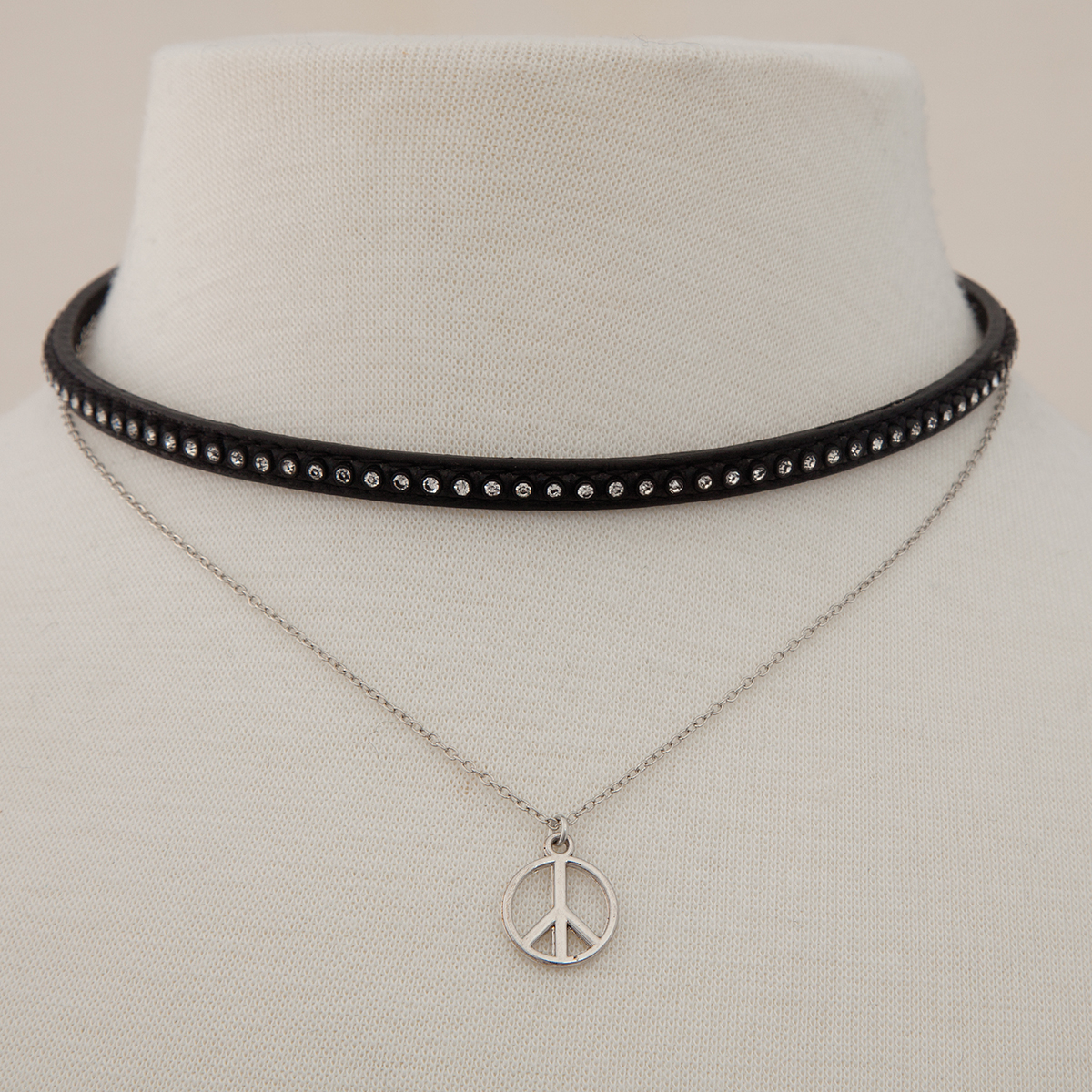 Silver Peace Sign with Mini Studded Double Choker 70sp
