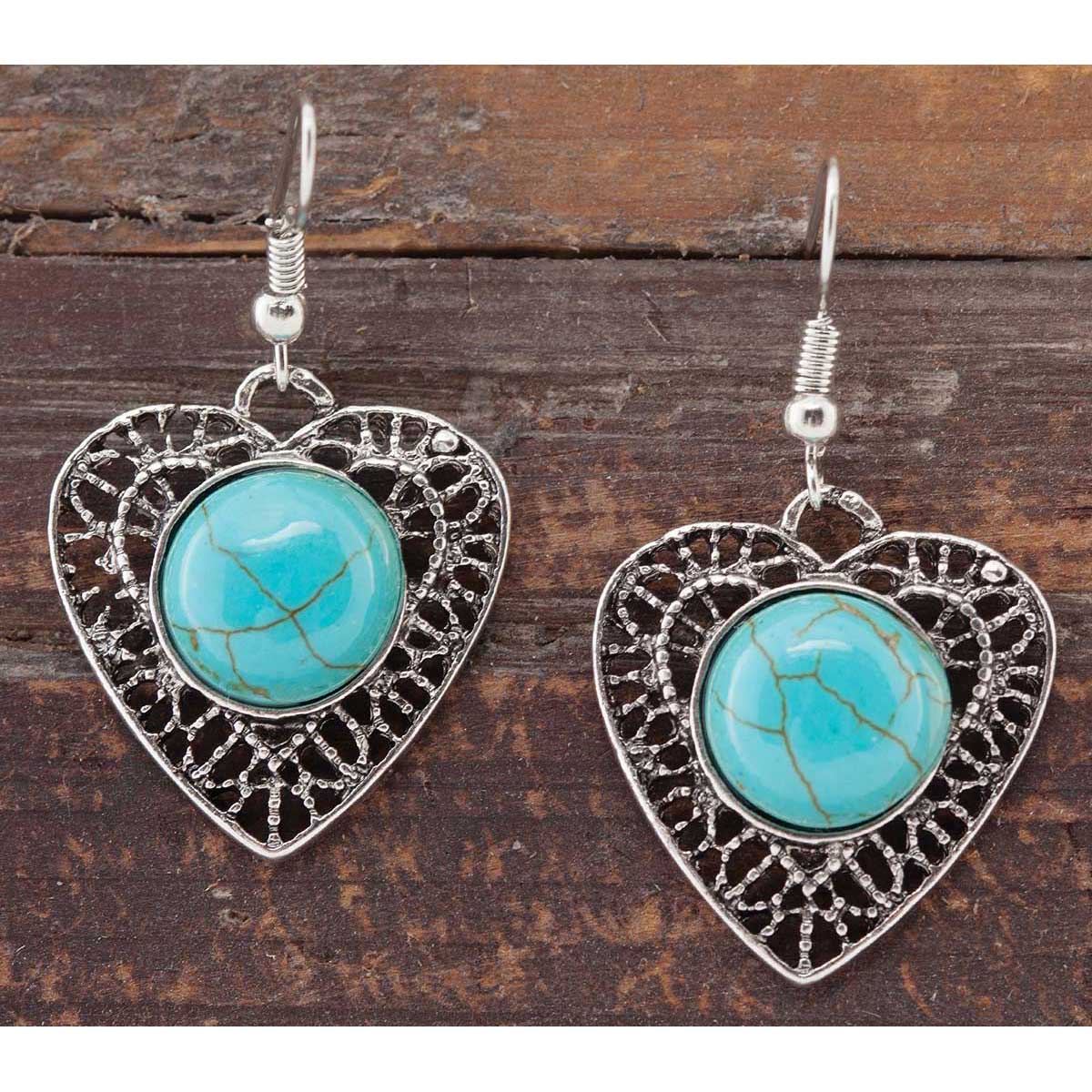 Antique Silver/Turquoise Heart Medallion French Wire Earring70sp