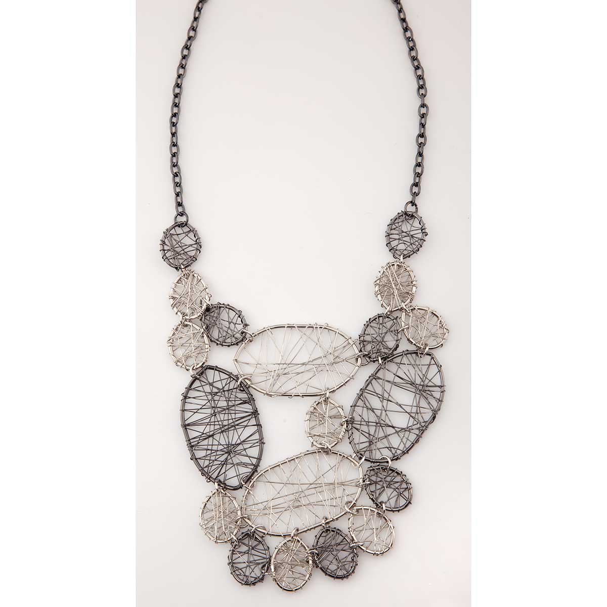 Pewter and Silver Oval Shapes Bib Necklace 70sp