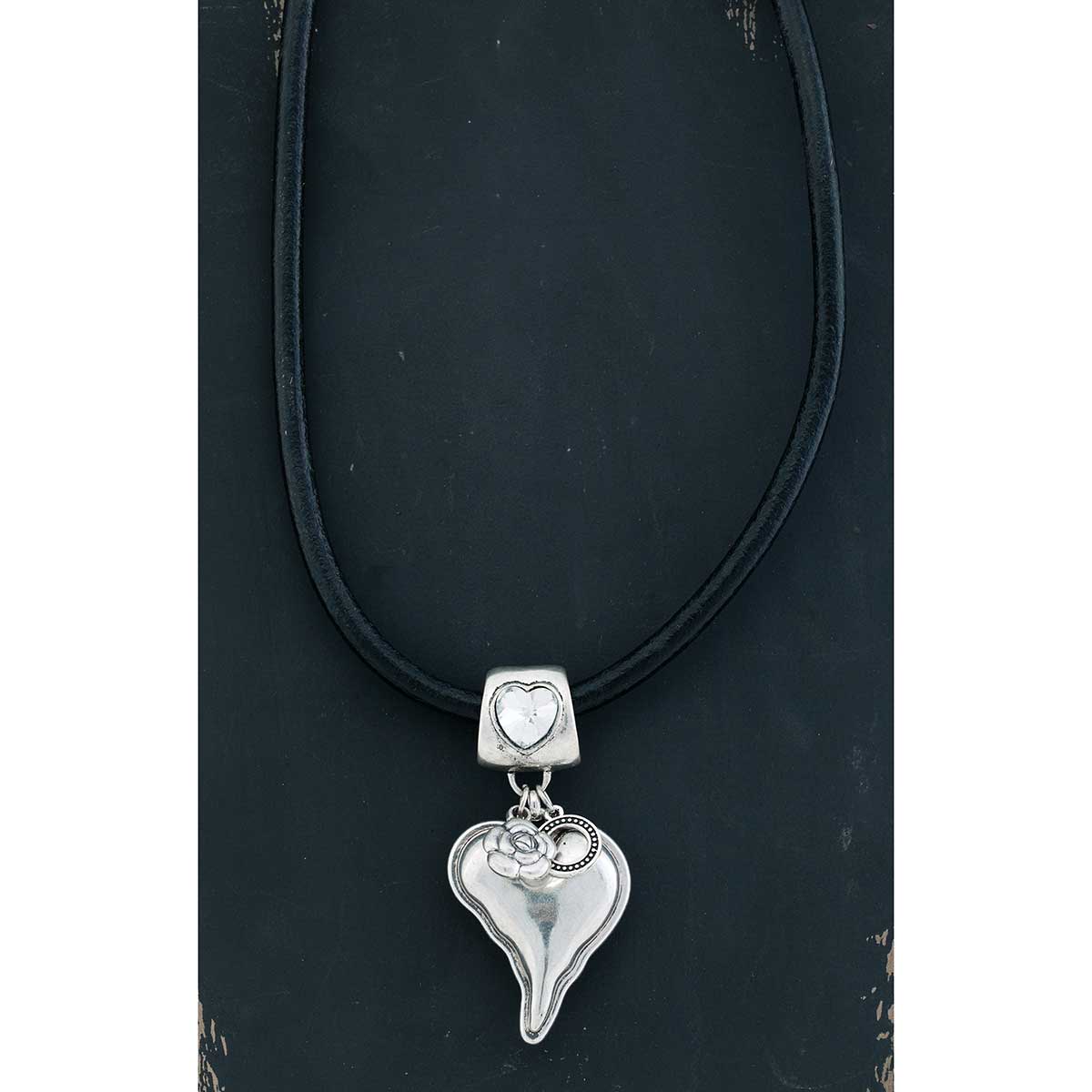 Silver Heart with Crystal/Black Cord Necklace 19"-22"
