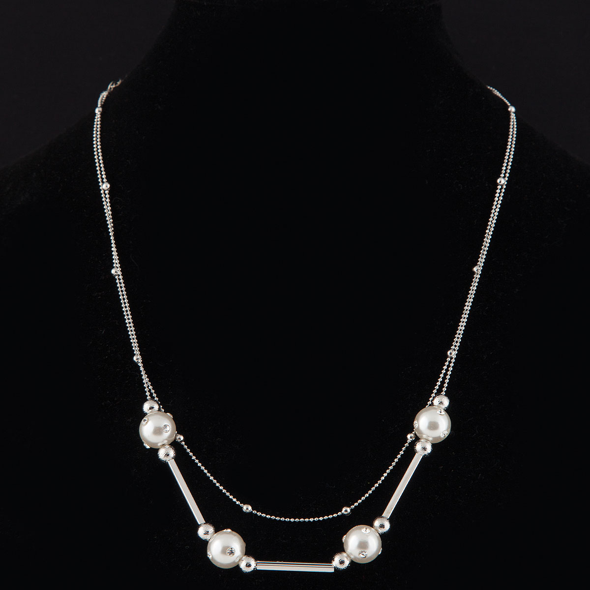 Delicate Pearls with Silver Balls on Double Chain Necklace 16"-1