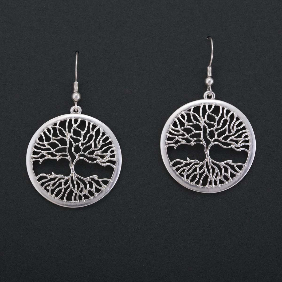 Satin Silver 1.25"x1.25" Tree of Life Disc French Wire Earrings