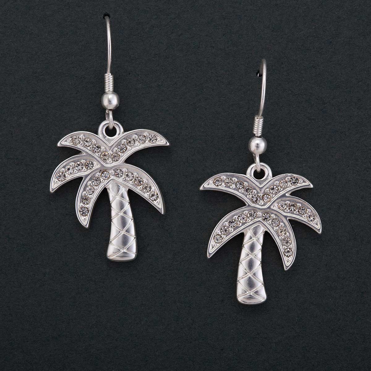 Satin Silver 1"x1" Palm Tree with Crystals French Wire Earrings