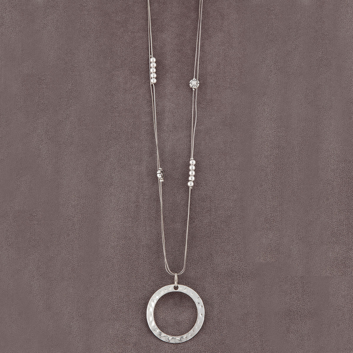 Hammered Silver Circle with Beads on Chain Necklace