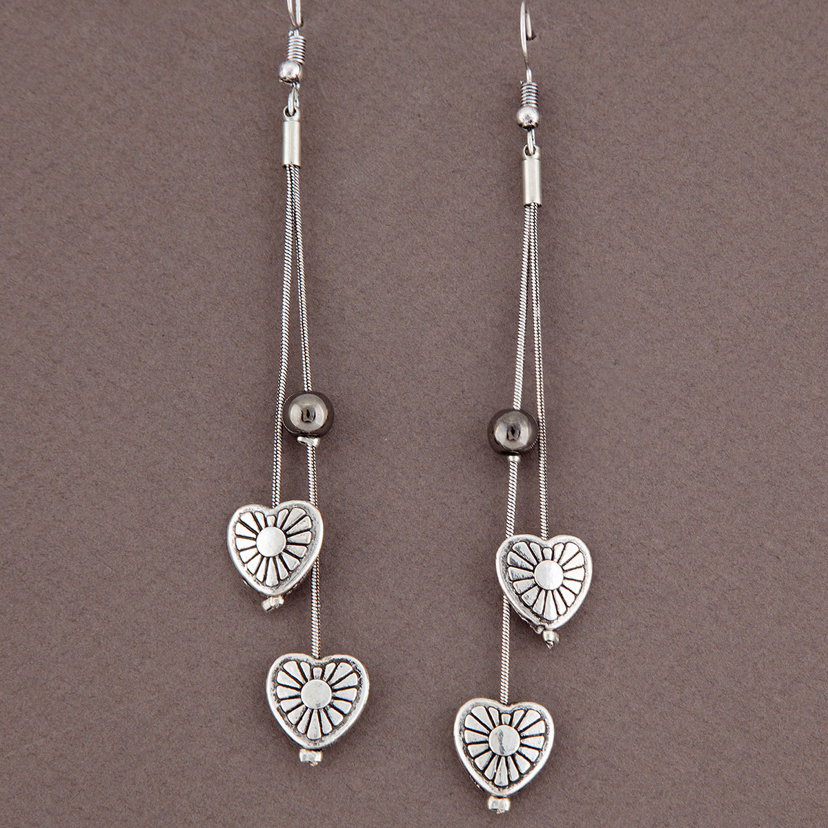 b50 Antique Silver Mini Hearts with Beads French Wire Earrings