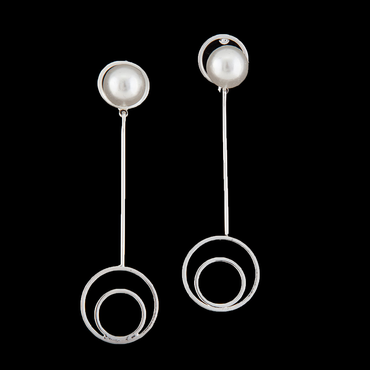 Satin Silver Drop Circle with Pearl Post Earrings