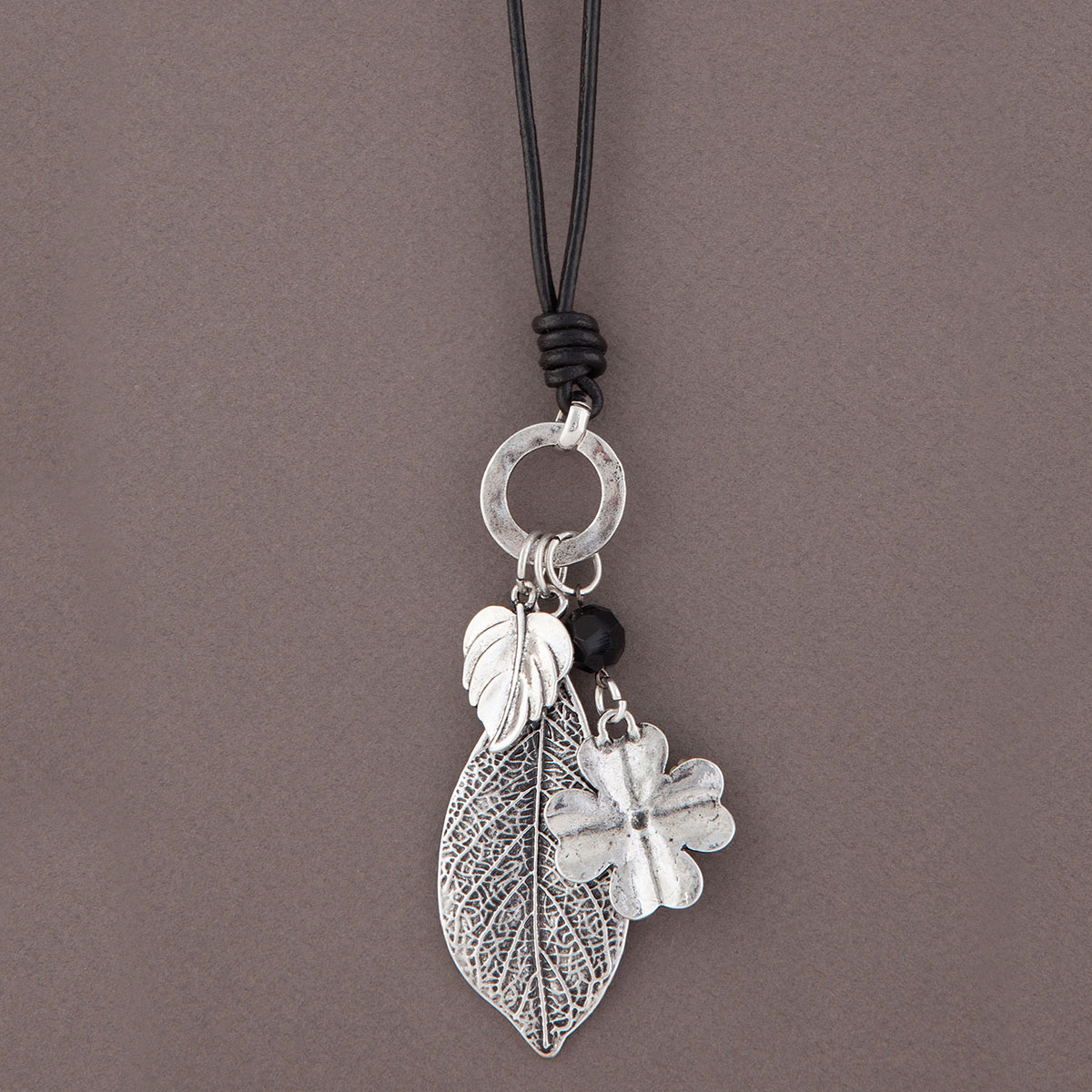 Antique Silver Leaves Dangle on Black Cord Necklace