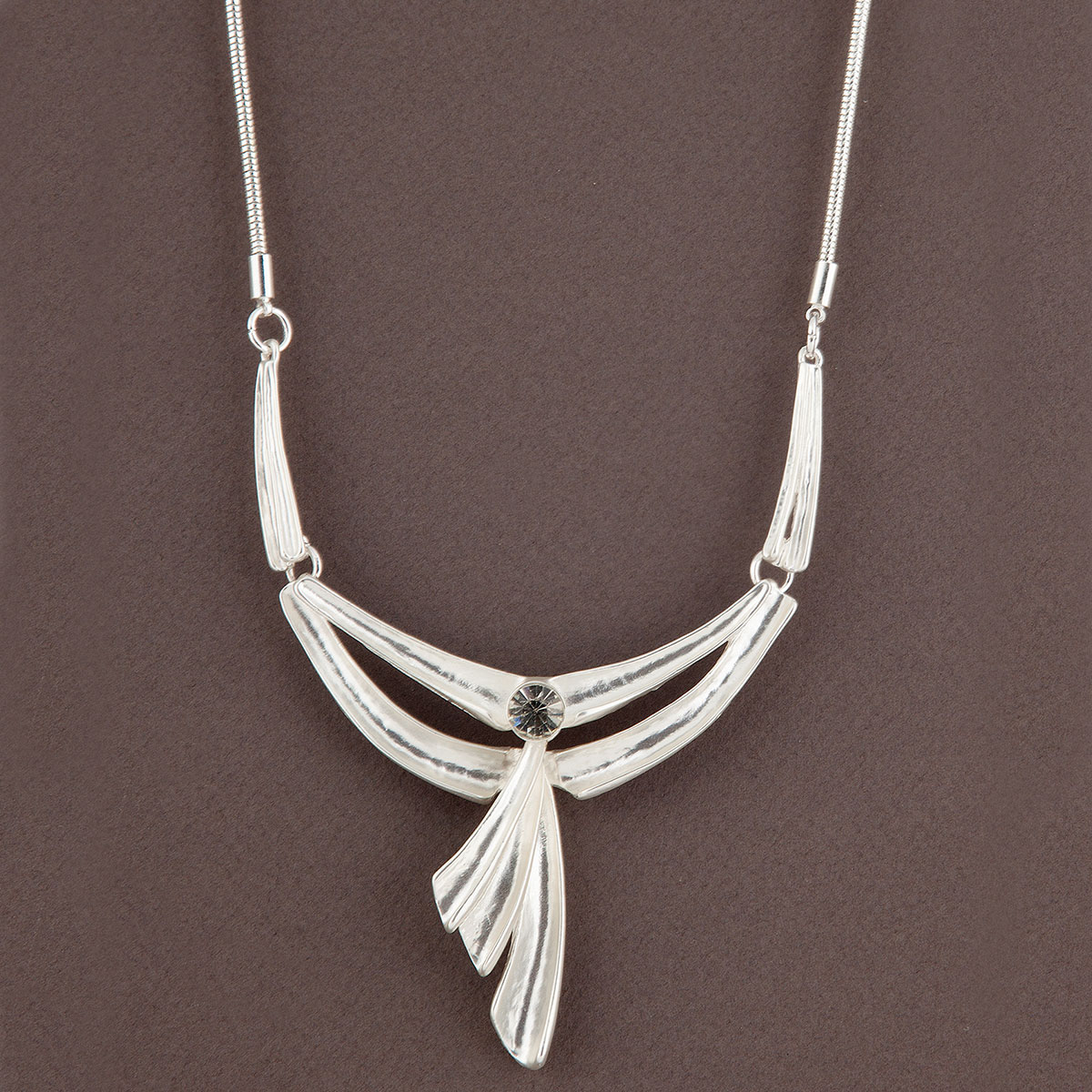 Satin Silver Drop Art Deco with Stone on Chain Necklace