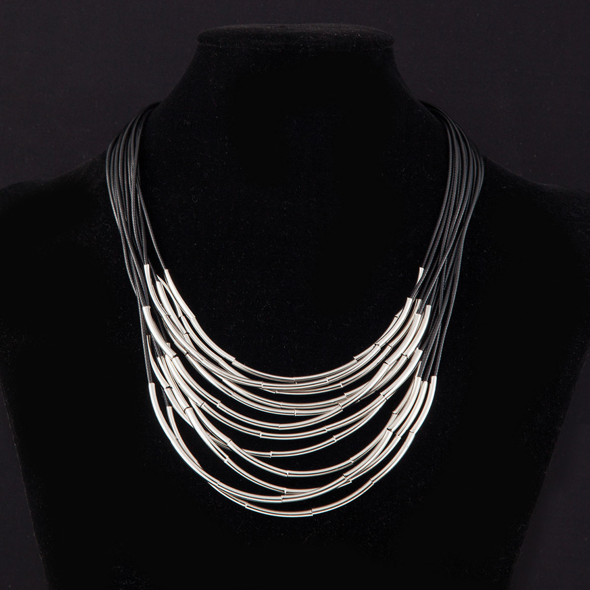 Silver Drop Bar Beads on Multi Black Cord Necklace