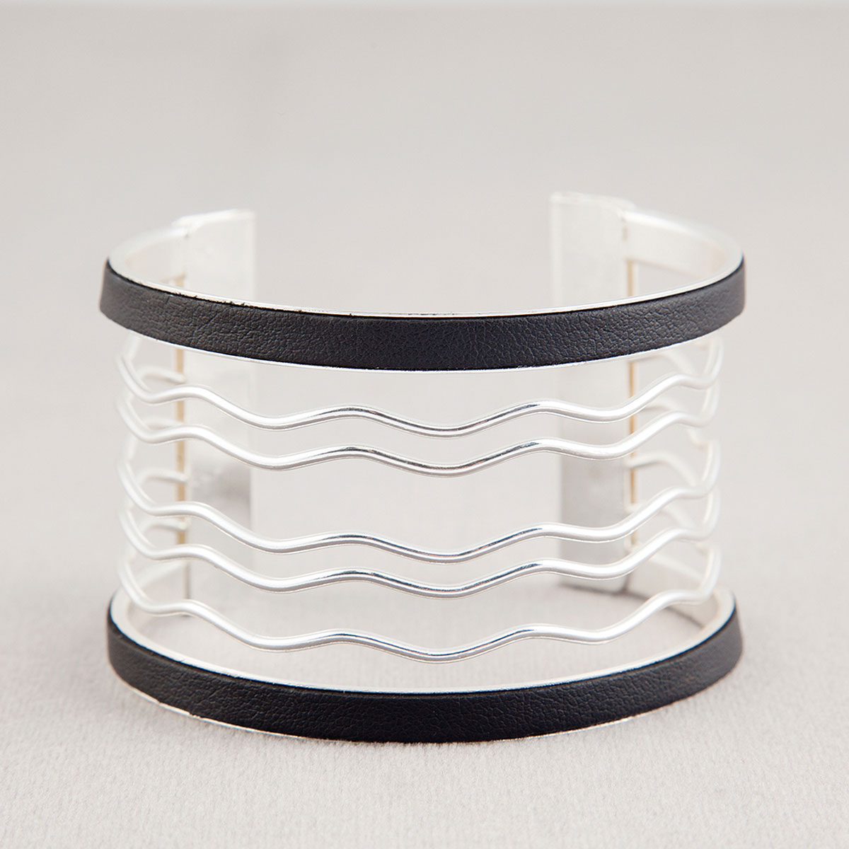 Silver Wave with Black Trim Cuff Bracelet