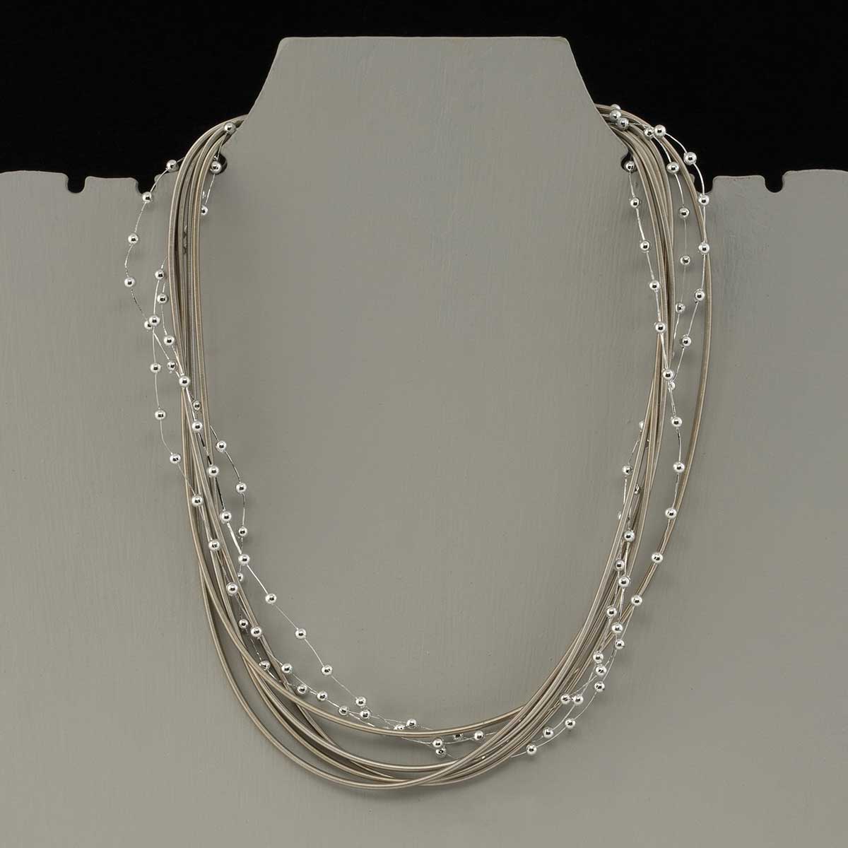 Silver Coil Necklace with Mini Beads and Magnetic Clasp 18"