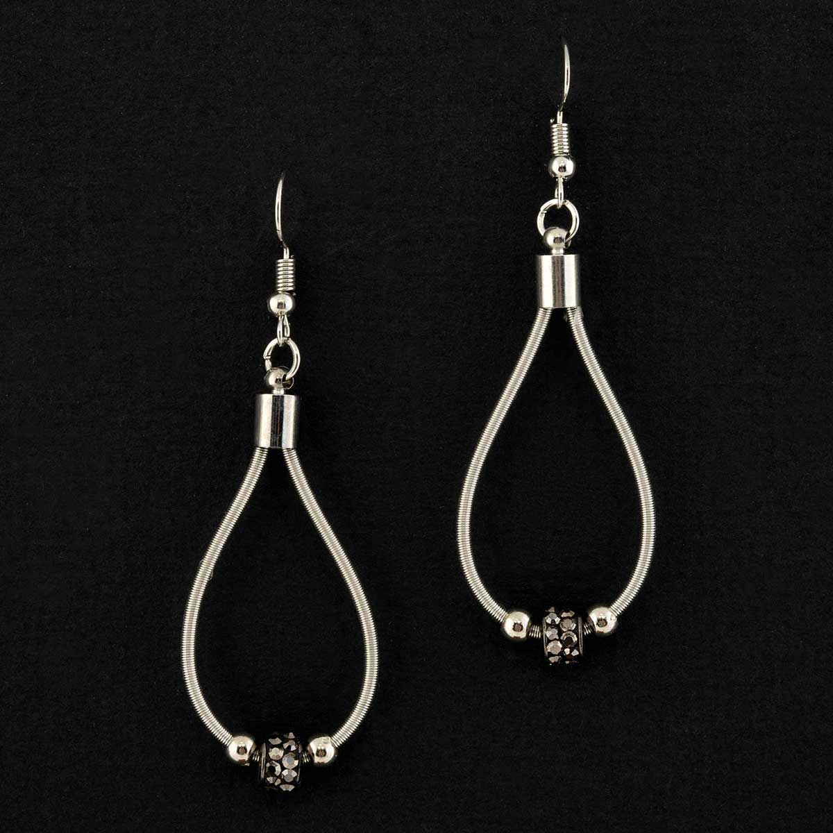 Gunmetal Coil French Wire Dangle Earrings with Black Beads .75"