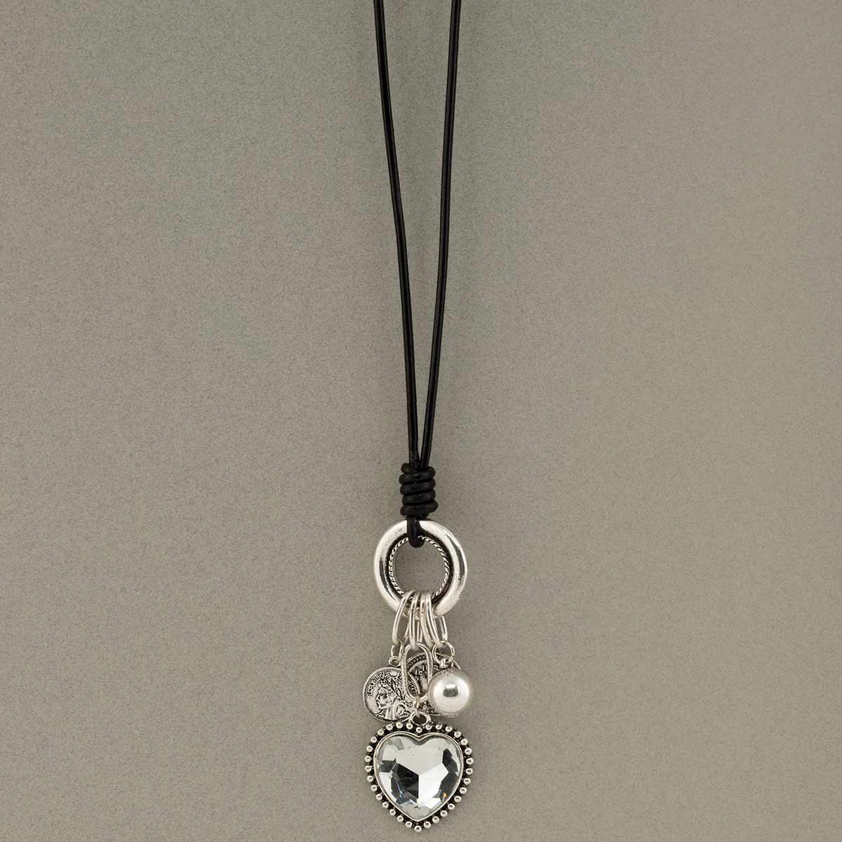 Silver Chunky Jewel Heart Charm Necklace on Black Cord 34"-36"