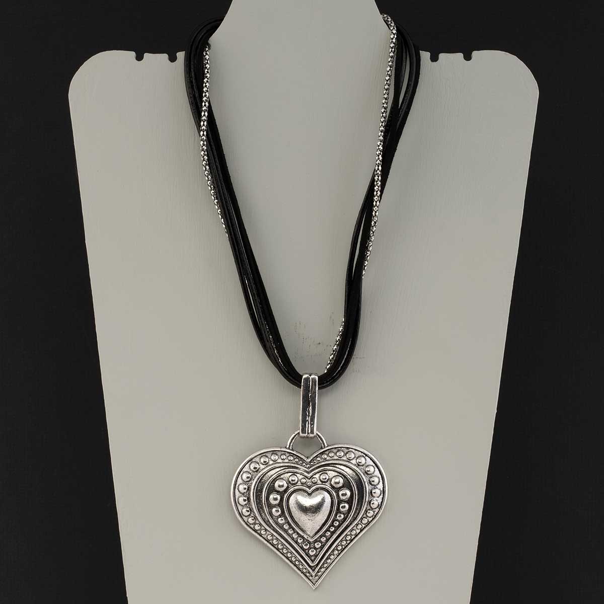 Antique Silver Heart Necklace on Black Cords and Chain 18"-20"