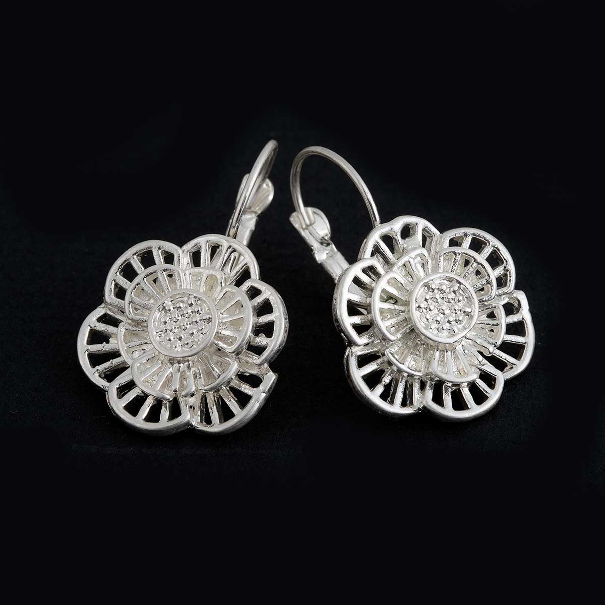 Silver Flower Lever back Earrings .75"x1.25"