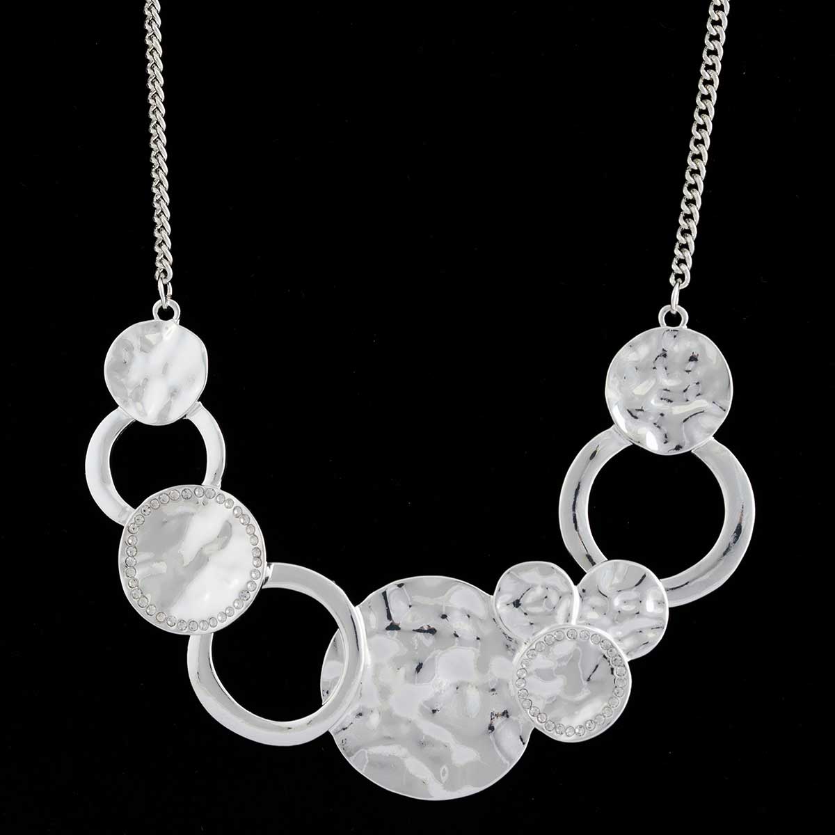 Silver Hammered Disc and Circle Bib Necklace on Chain 16"to19"