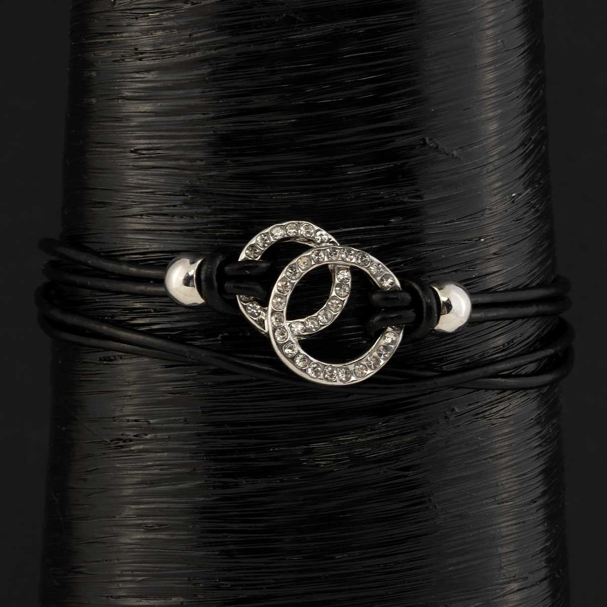 Silver Double Circle with Crystals on Black Cord Bracelet with M