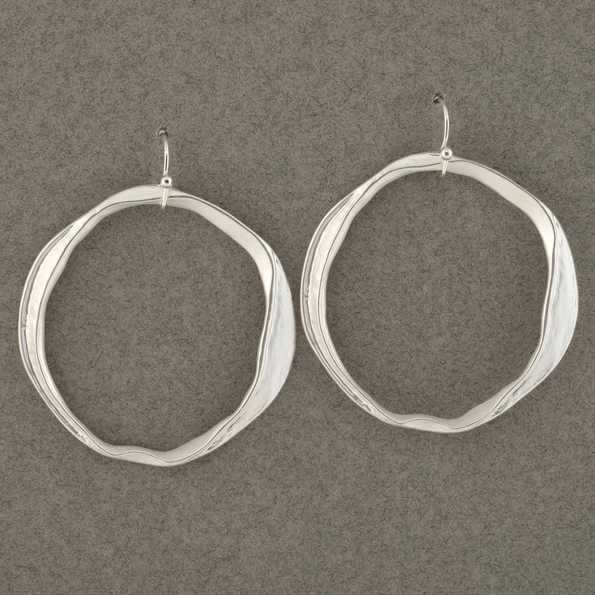 Satin Hammered Silver Hoop French Wire Earrings 1.5"