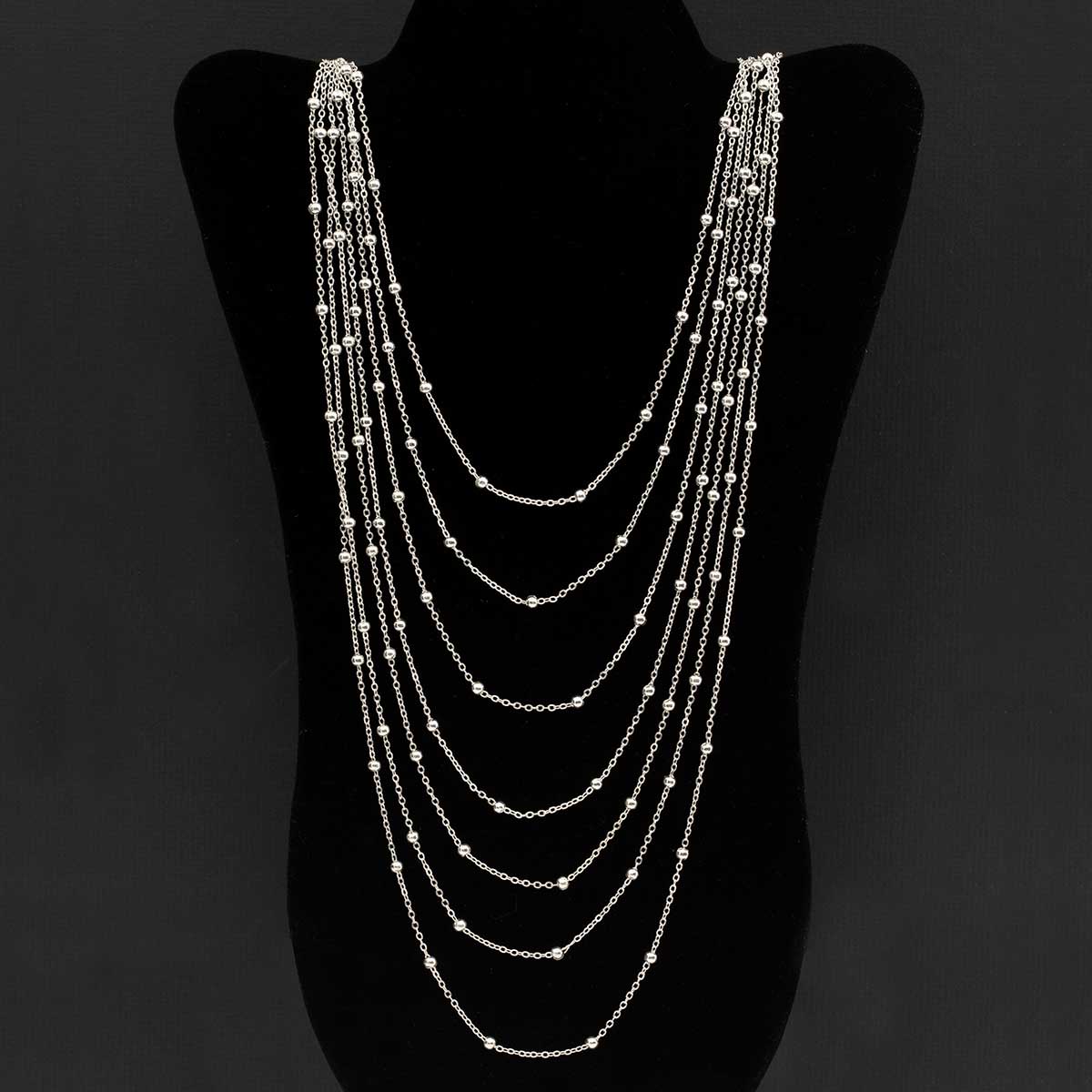 Silver Multi Strand Necklace with Mini Beads on Chain 24"-27"