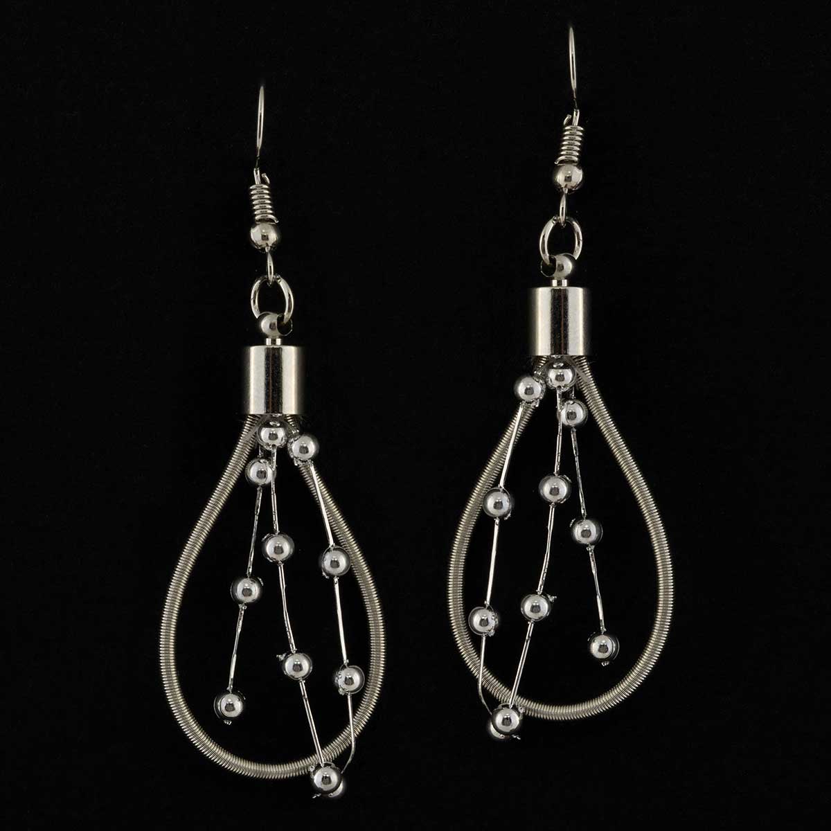 Silver Coil with Beads Dangle French Wire Earrings 1"x2.25"