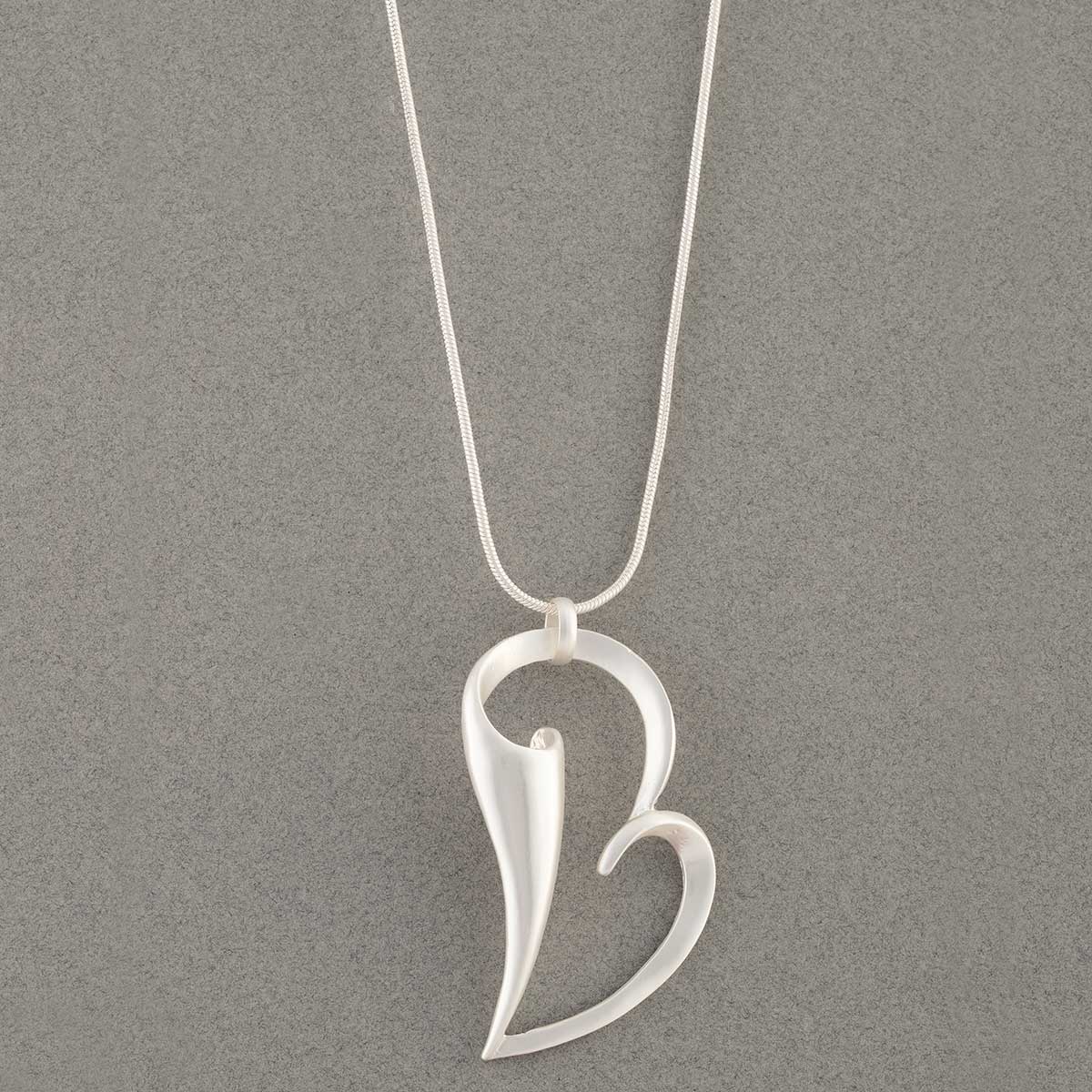 Satin Silver 1.25"X2.5" Heart Necklace on Chain 16"-19"