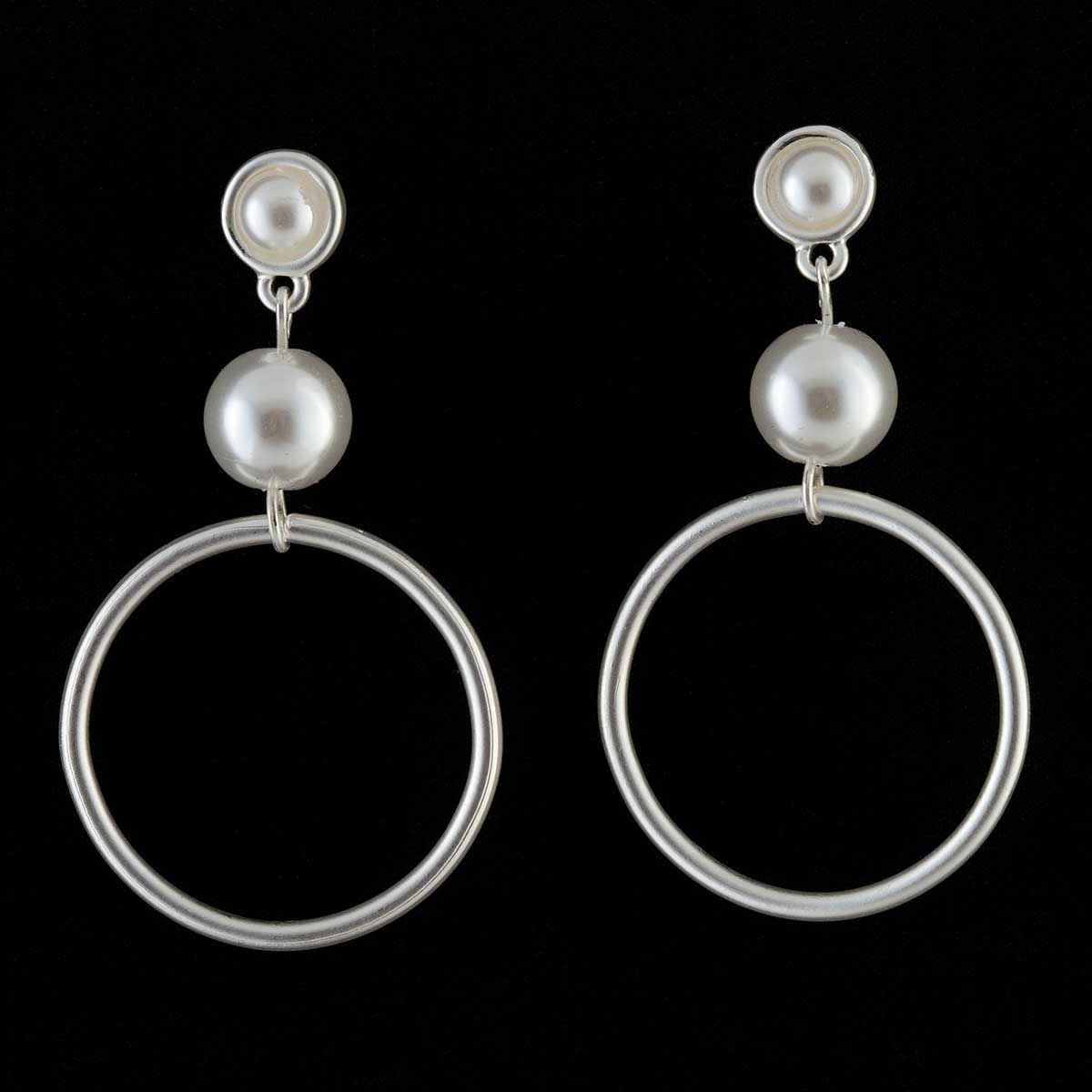 Satin Silver Hoop and Pearl Post Earrings
