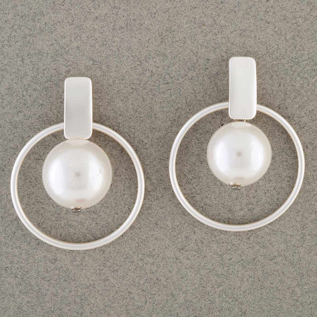 Satin Silver Circle with Pearl Post Earrings