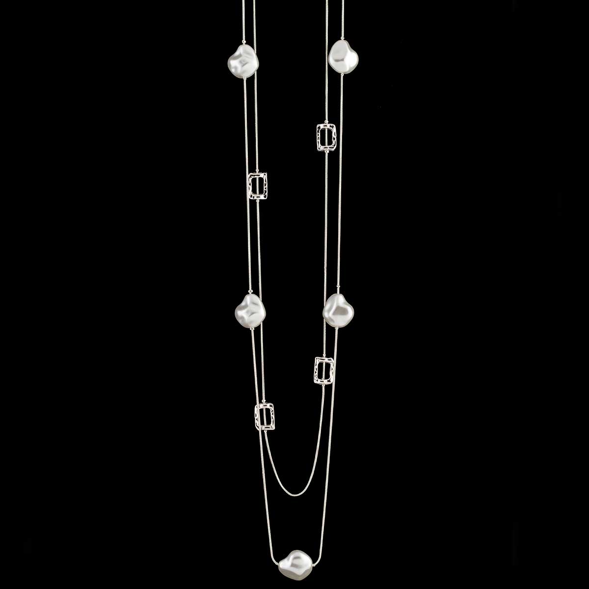 Satin Silver Double Strand Pearl and Square Necklace on Chain