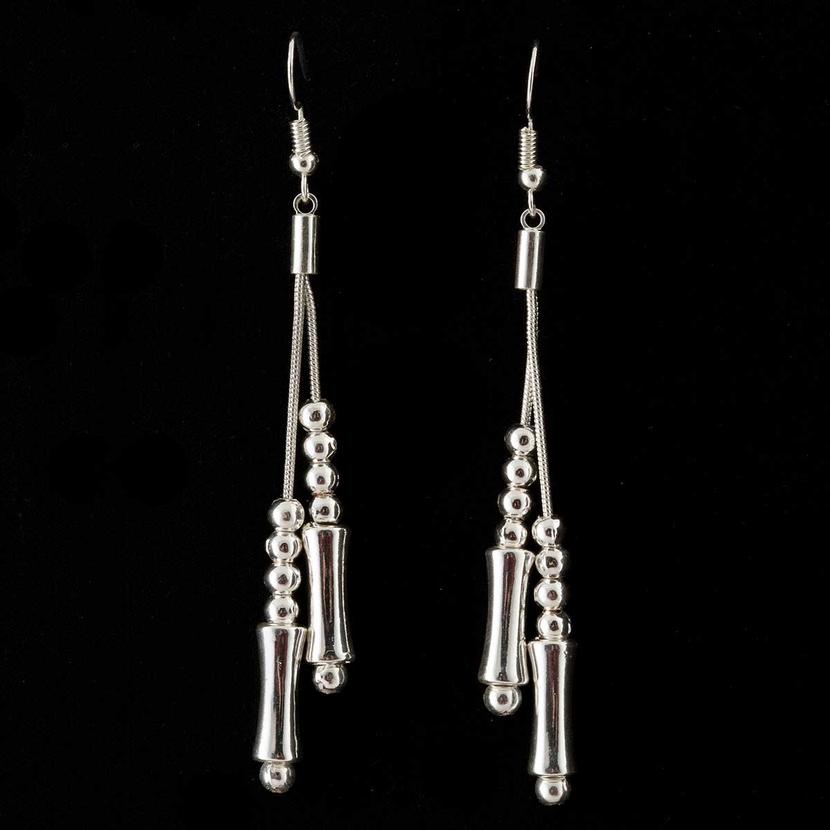 Silver Bead and Bar Dangle French Wire Earrings
