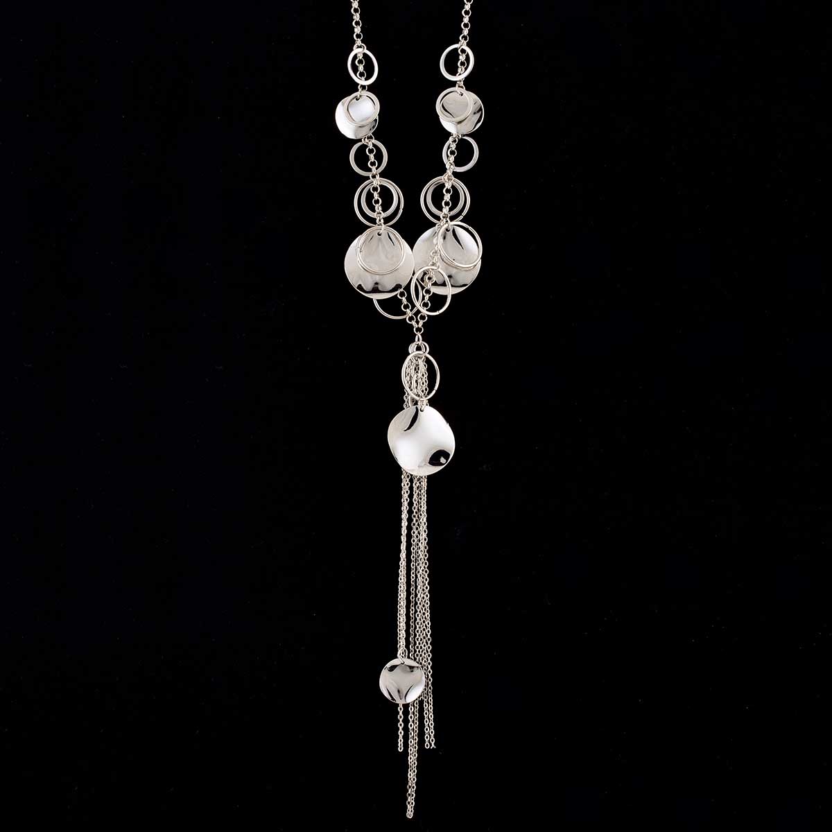 Silver Multi Circle and Tassel Necklace on Chain