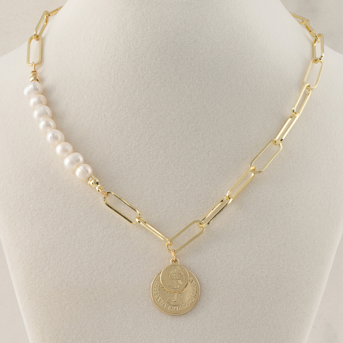 NECKLACE PEARLS LINKS CIRCLE GOLD ADJUSTABLE