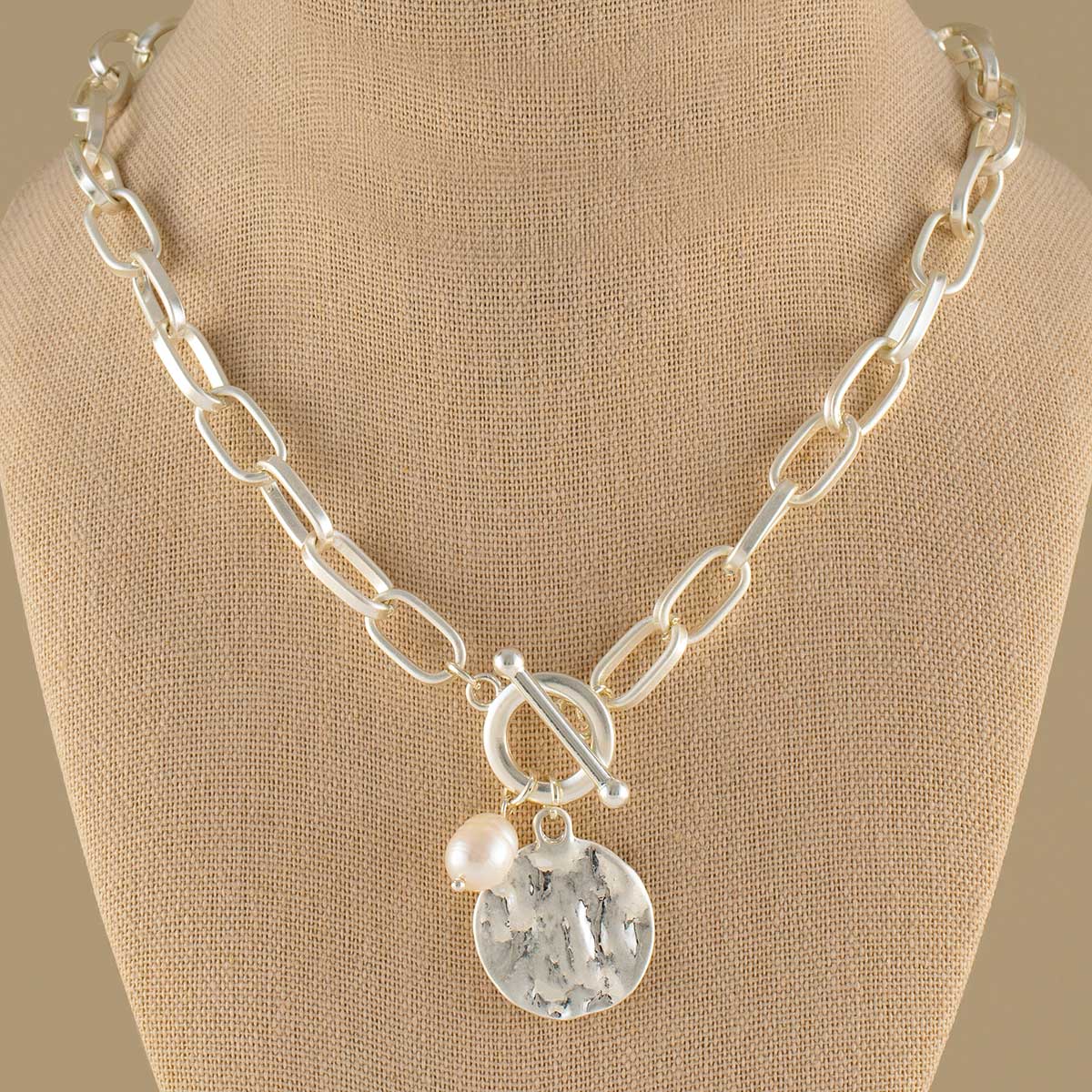 NECKLACE LINKS CIRCLE PEARL SILVER TOGGLE