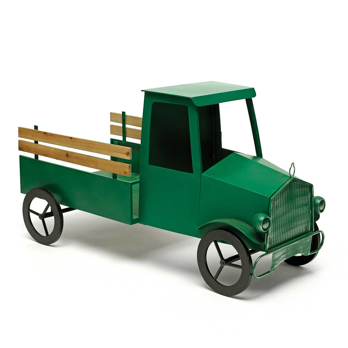 METAL TRUCK GREEN WITH WOOD RAILS AND 4 MOVEACHBLE WHEELS