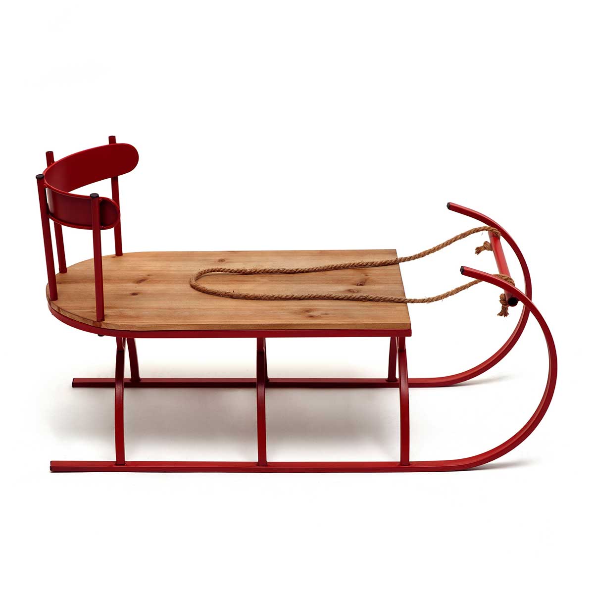 METAL SLED RED WITH NATURAL WOOD SEACHT AND ROPE HANDLE