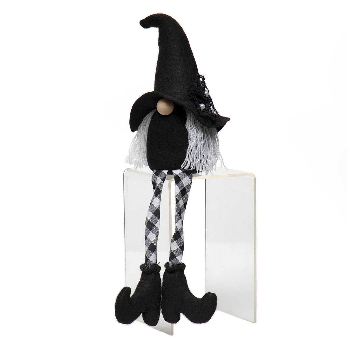 WITCH GNOME WITH LACE & PEARL ACCENT, WHITE HAIR, WOOD NOSE