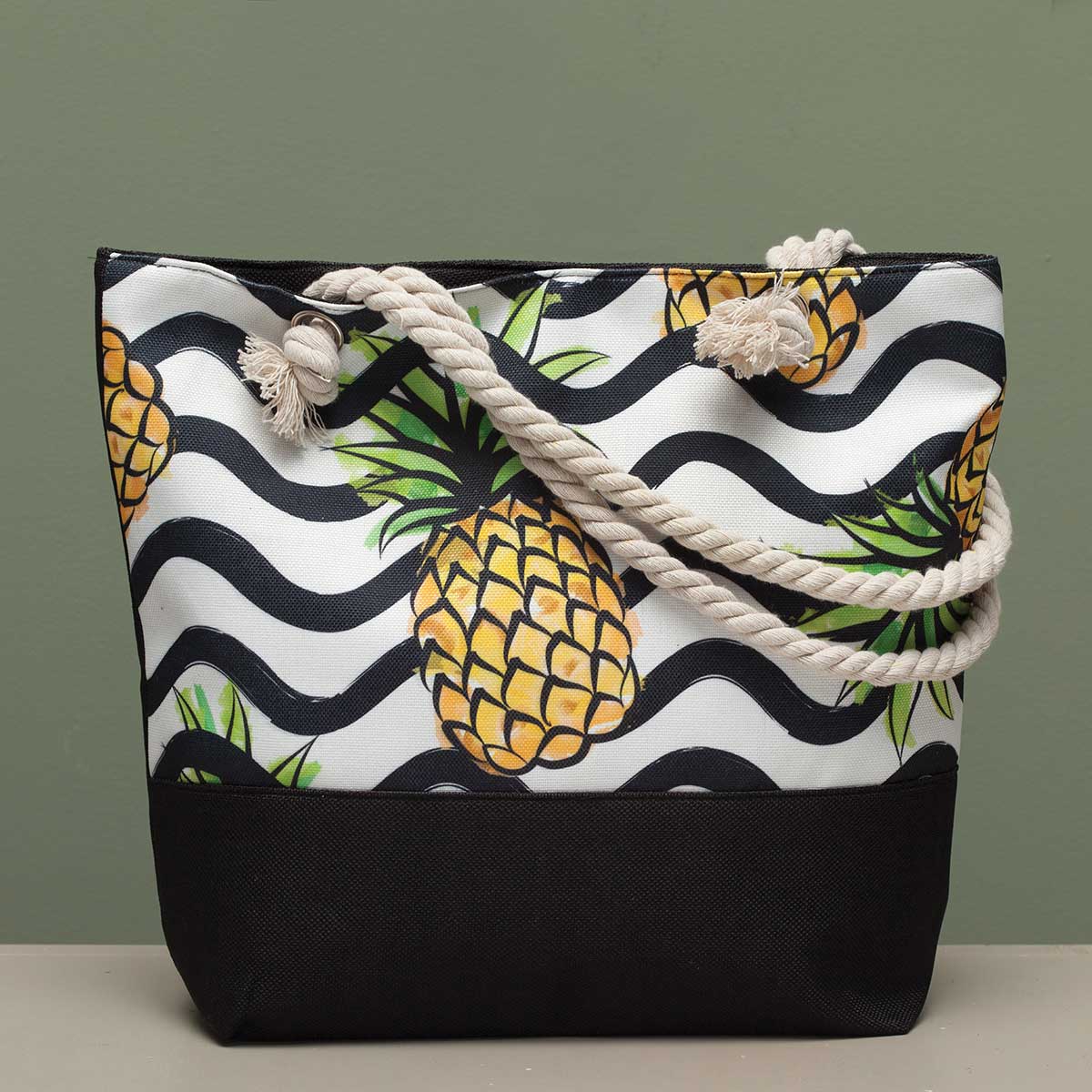 Pineapple with Wavy Stripe Tapestry Bag 17.5"x5"x14" with 10" Sh