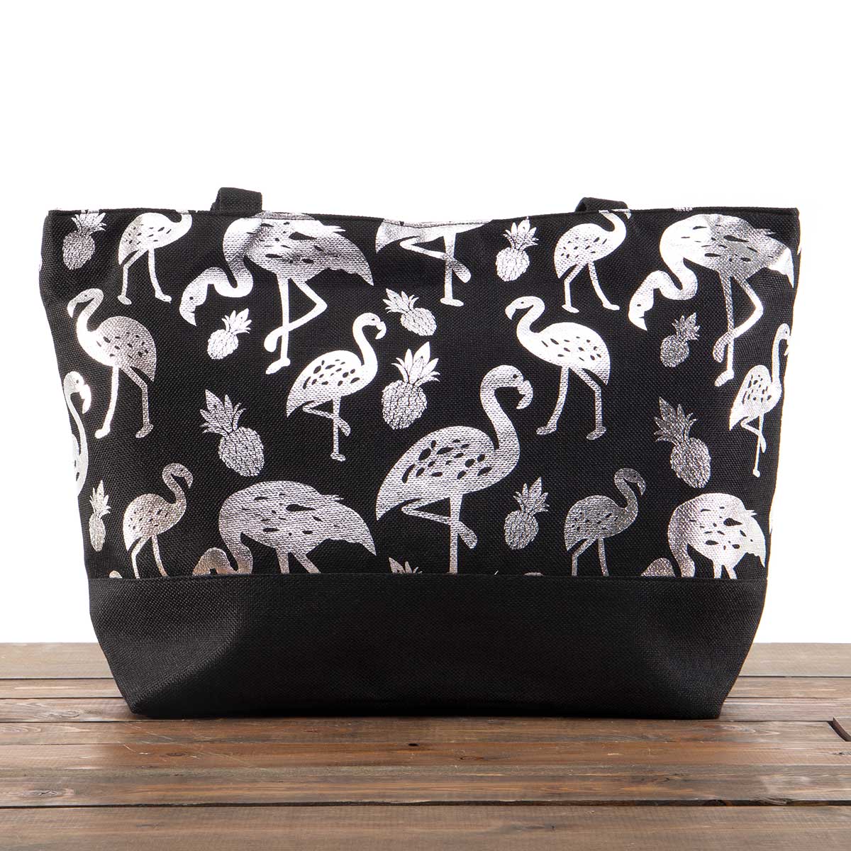 Black Canvas Summer Bag with Silver Flamingos 21"x13"x6" 50sp