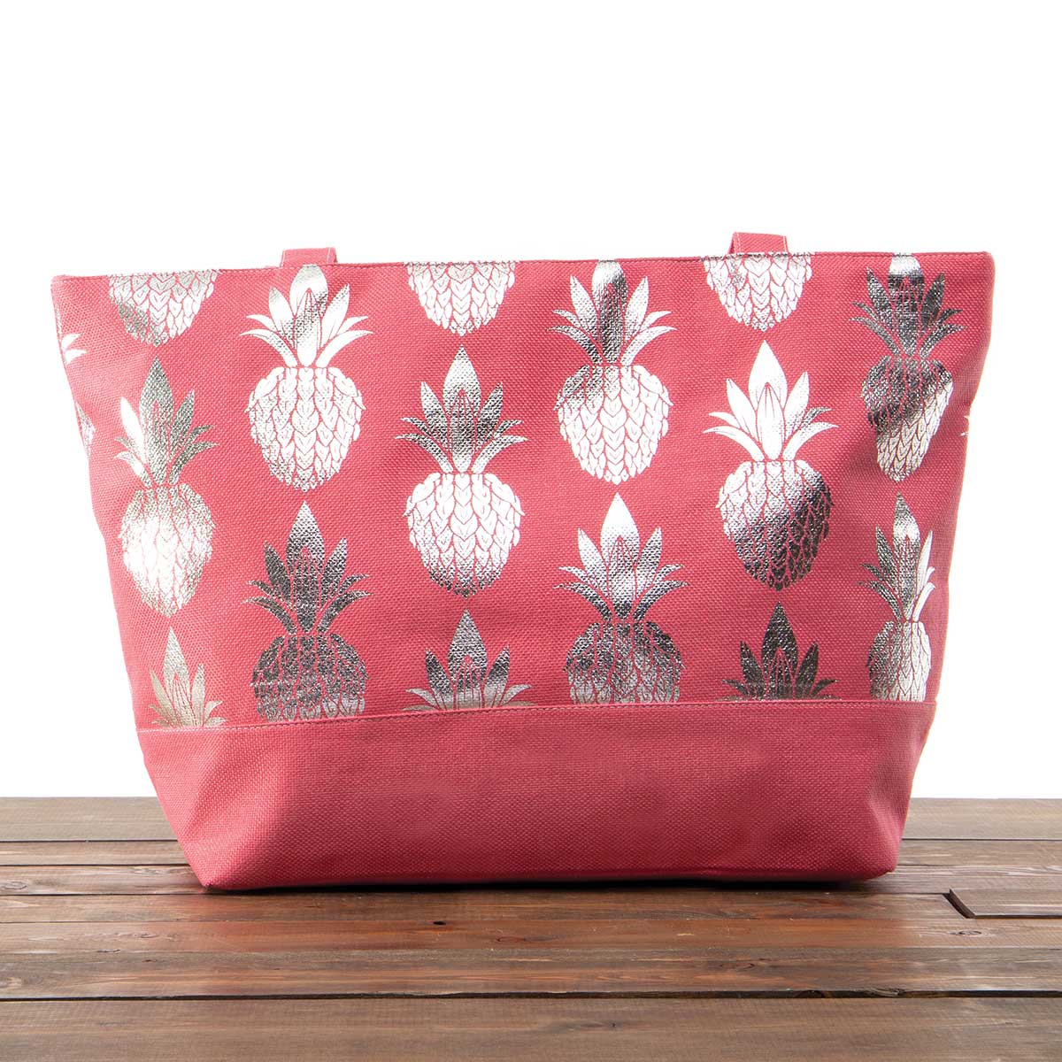 Coral Canvas Summer Bag with Silver Pineapples 21"x13"x6" 50sp