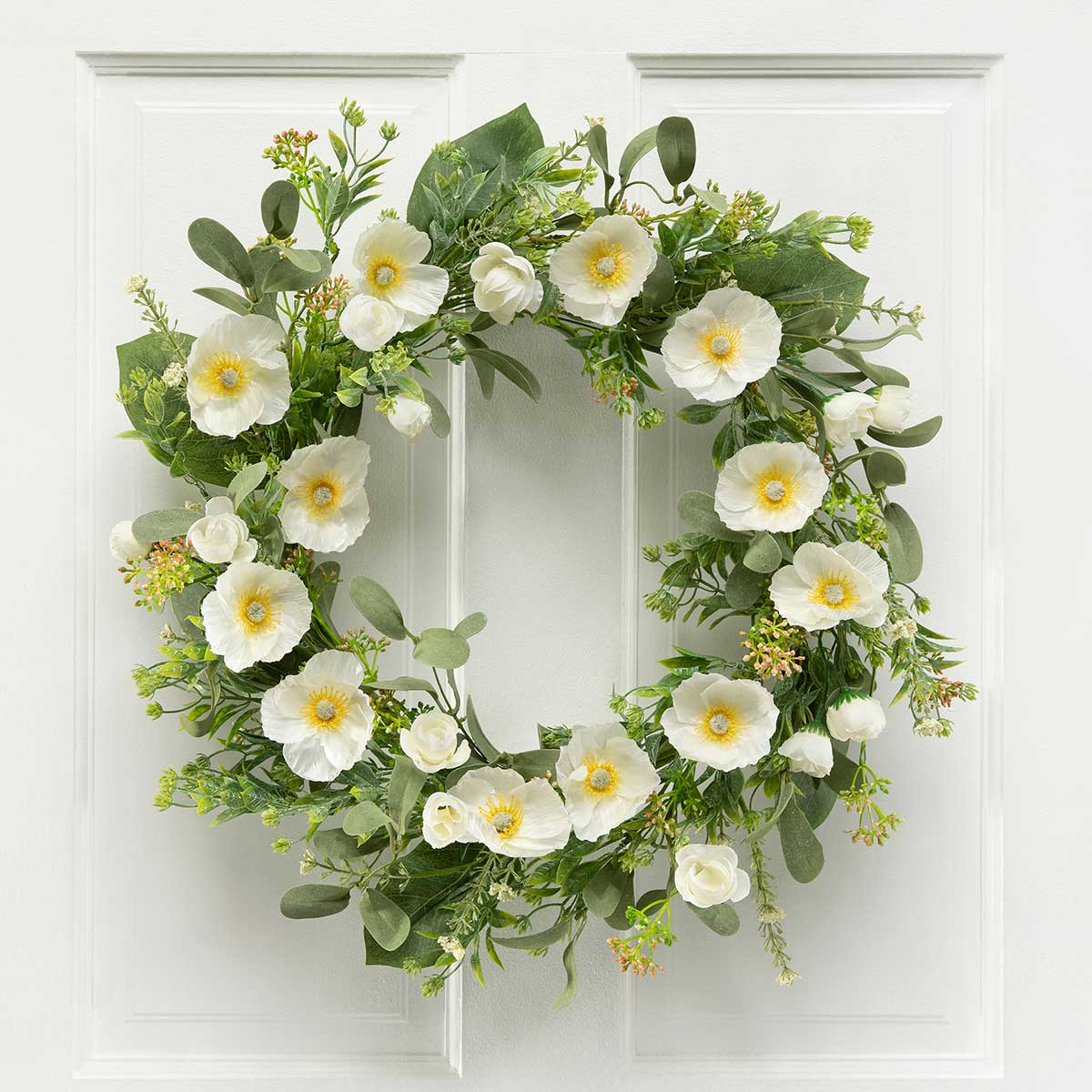 WREATH POPPY/FOLIAGE 22IN (INNER RING 11IN) WHITE - Click Image to Close