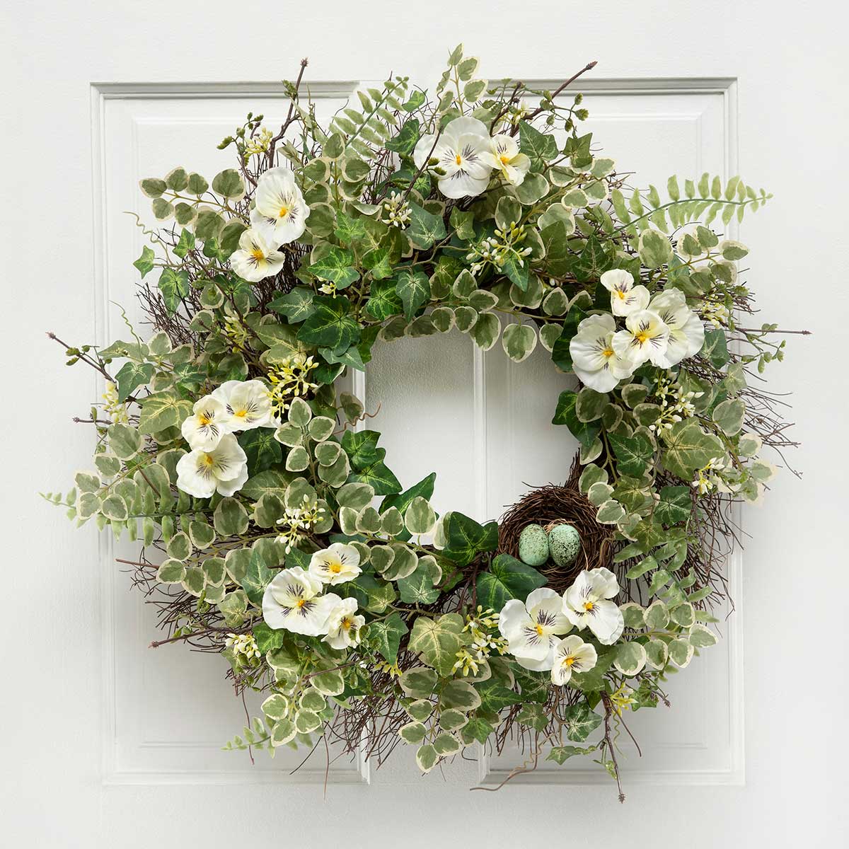VIOLA FLORA WREATH WHITE WITH PANSIES, FAUX TWIGS 24"