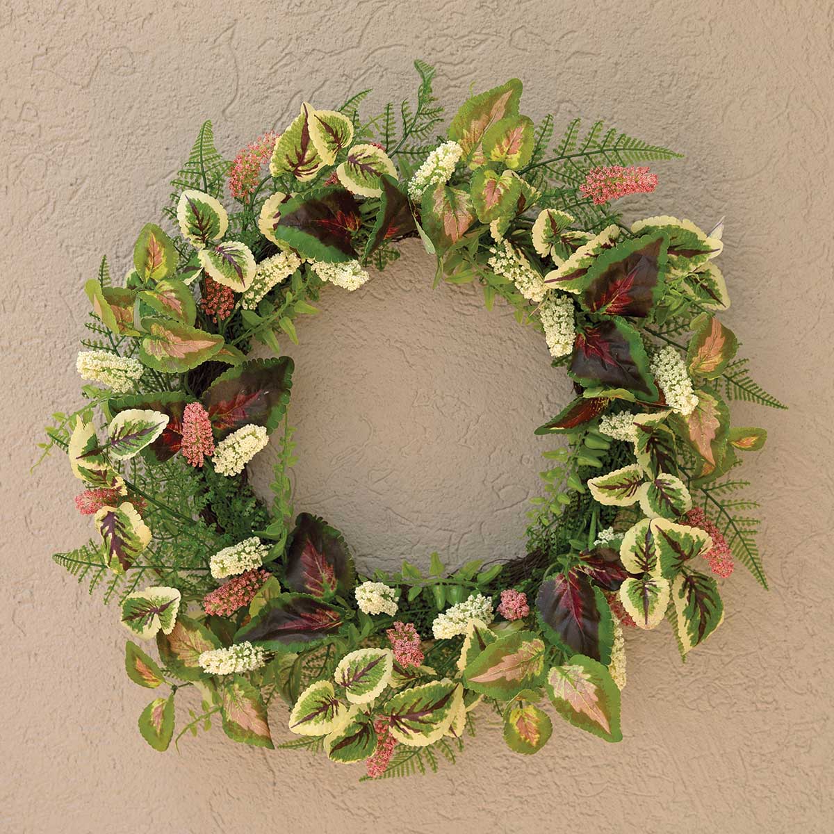 WREATH COLEUS/FERN/ASTILBE 22IN (INNER RING 12IN) PINK/GREEN - Click Image to Close