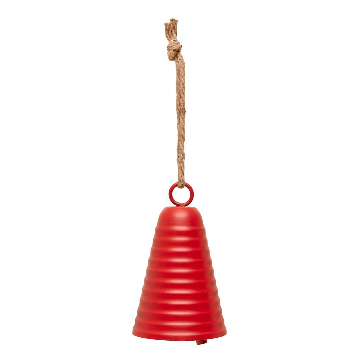 BELL RIBBED MATTE RED 4.5IN X 7IN METAL WITH ROPE HANGER