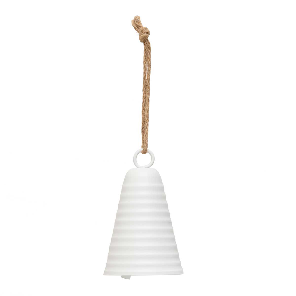 BELL RIBBED MATTE WHITE 4.5IN X 7IN METAL WITH ROPE HANGER