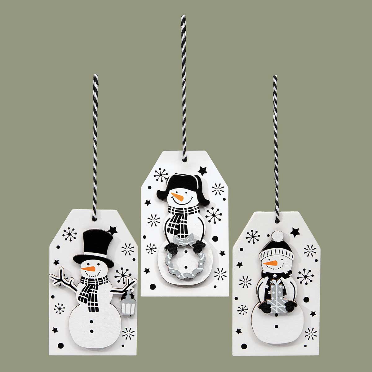 ORNAMENT SNOWMAN TAG 3 ASSORTED 2.5IN X .25IN X 4IN BLACK/WHITE - Click Image to Close
