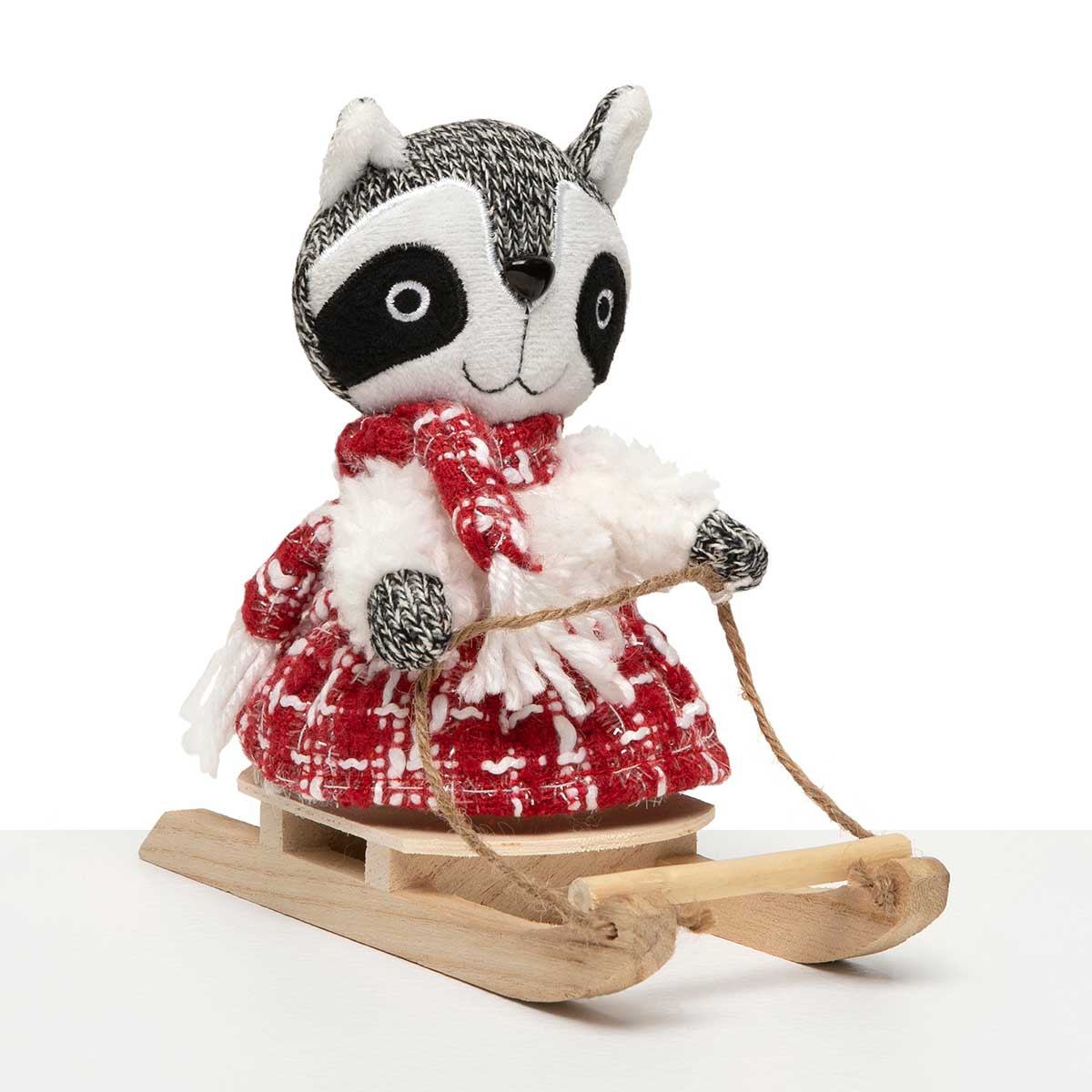 RACCOON WINTER ON SLED 3IN X 7IN X 6IN GY/RE/WH WITH SWEATER - Click Image to Close
